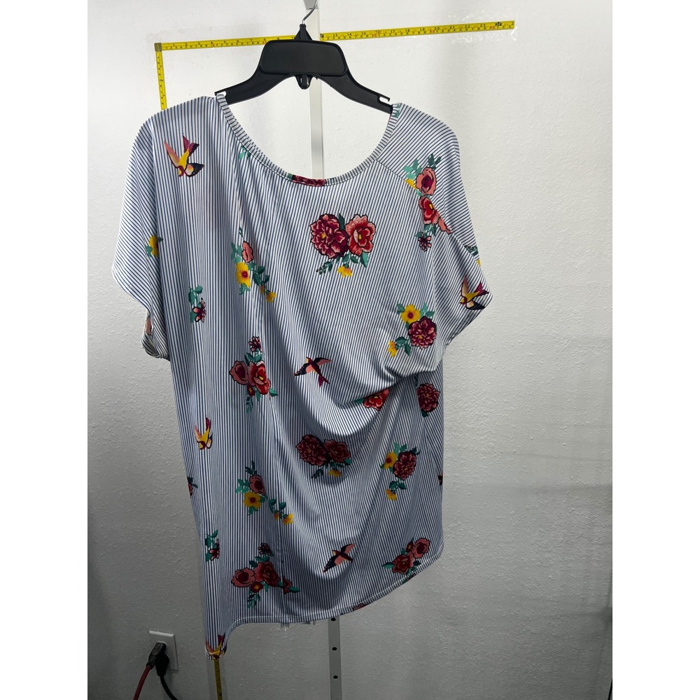 Cocos CloZet 3X Blue White Striped Floral Bird Print Front Tie Blouse Top